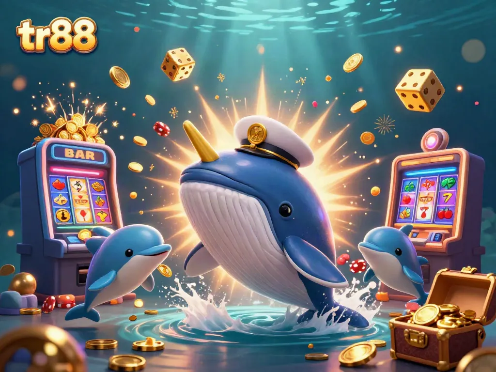 Experience thrilling wins with tr88 in a vibrant underwater casino adventure featuring playful dolphins and treasures.