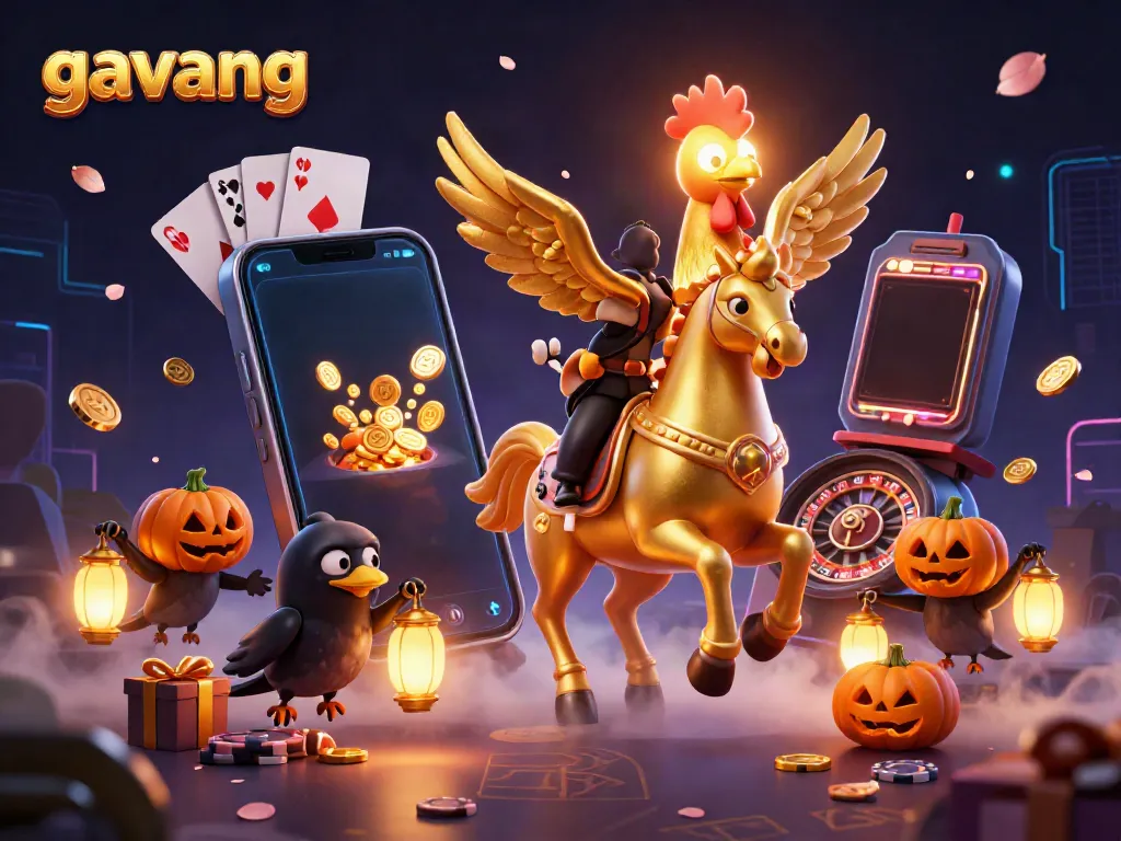 Experience thrilling action at Gavang with a golden rooster in a vibrant casino scene.
