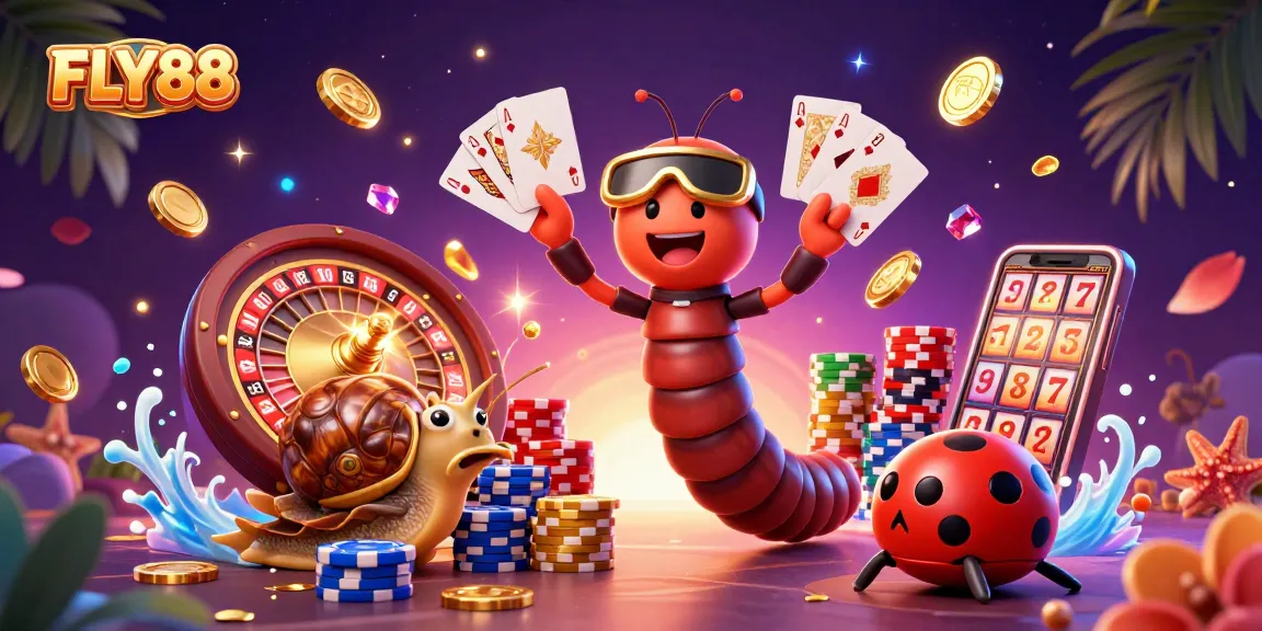 Participate in the thrilling gaming action at FLY88, featuring a dynamic cartoon casino scene.