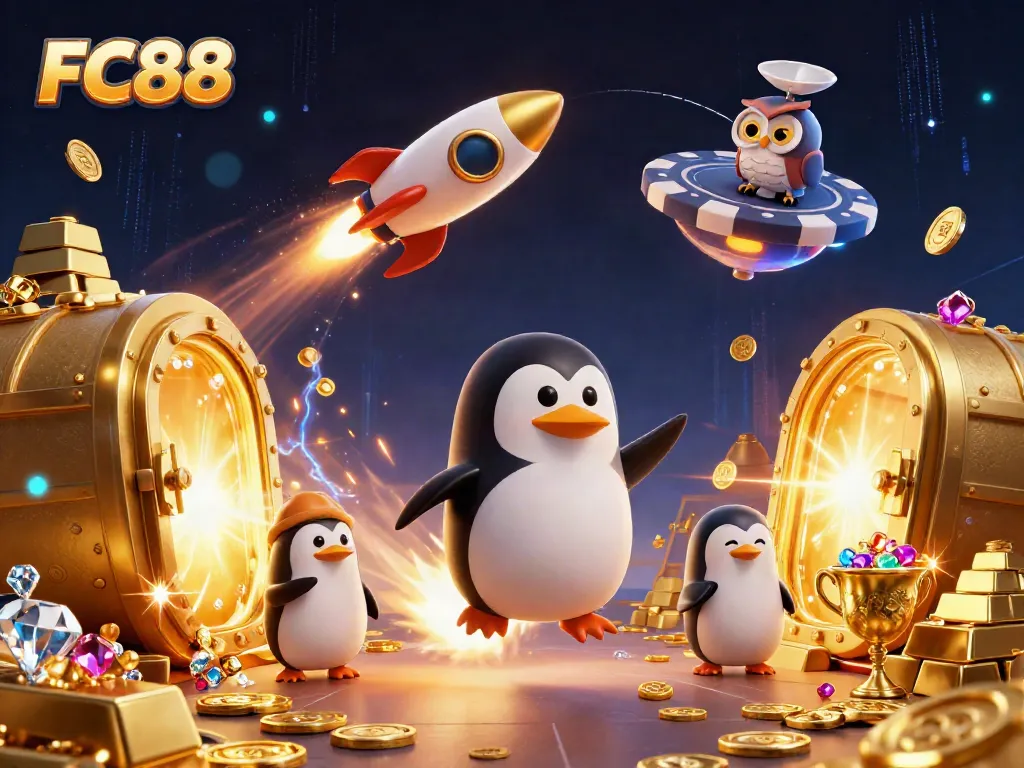 Experience thrilling action at FC88 with a golden penguin and dazzling casino elements.