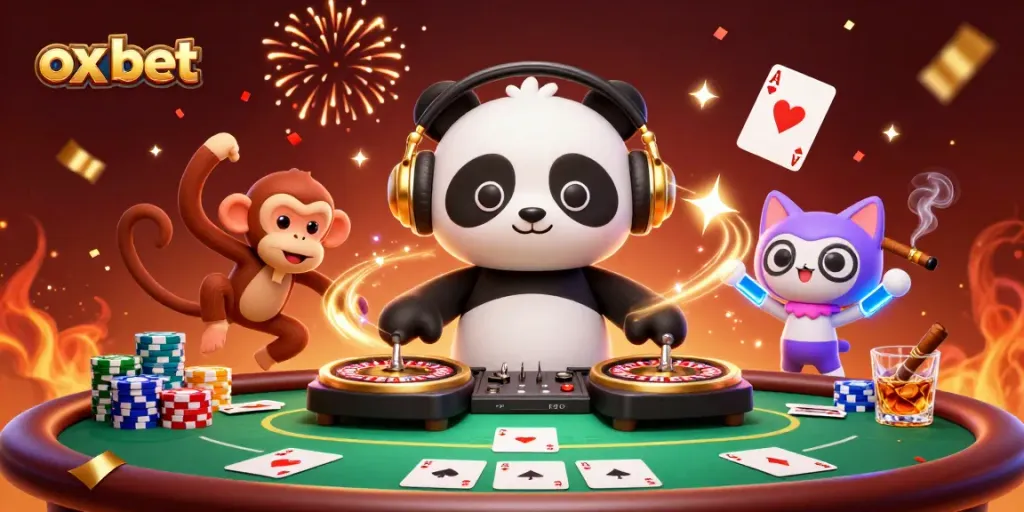Experience the vibrant world of ox bet with a DJ panda, dancing monkey, and glow-stick kitten amidst a lively casino scene.