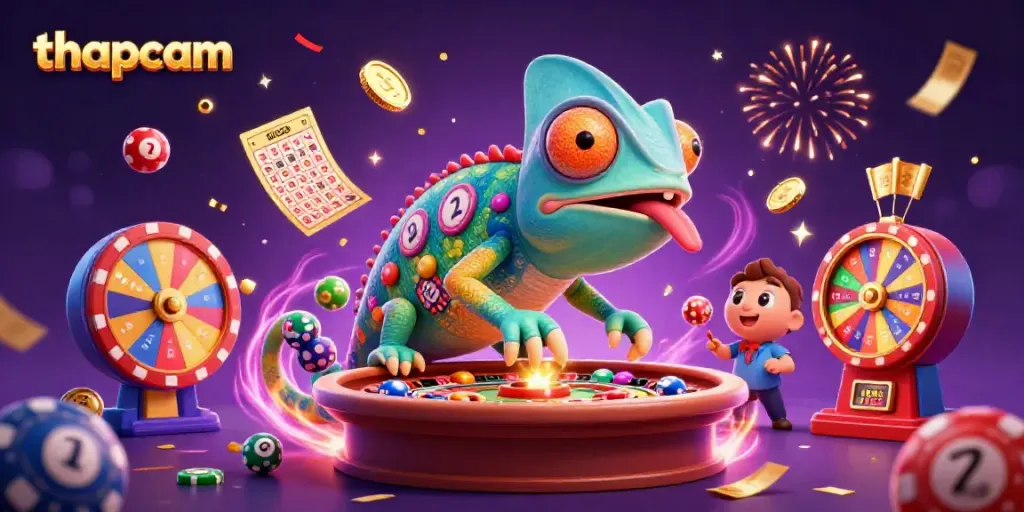 Watch thapcam's lively gaming atmosphere with a colorful chameleon and dynamic casino elements.