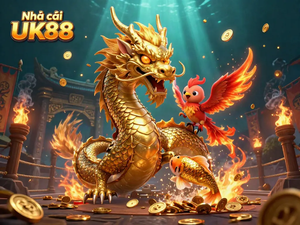 Engage with Nhà cái UK88 for thrilling online casino experiences featuring a golden dragon and phoenix.