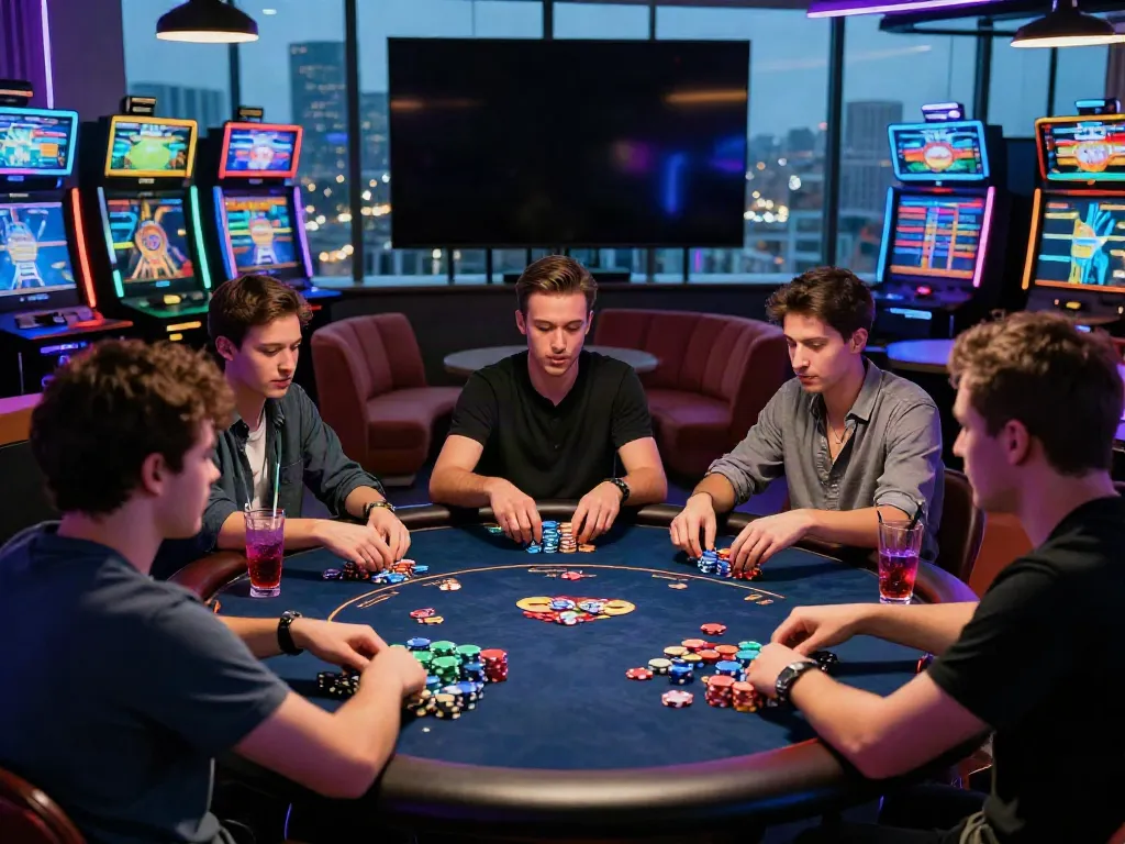 Exciting online gaming experience at https://net88.broker/ with players enjoying a poker match in a vibrant lounge.