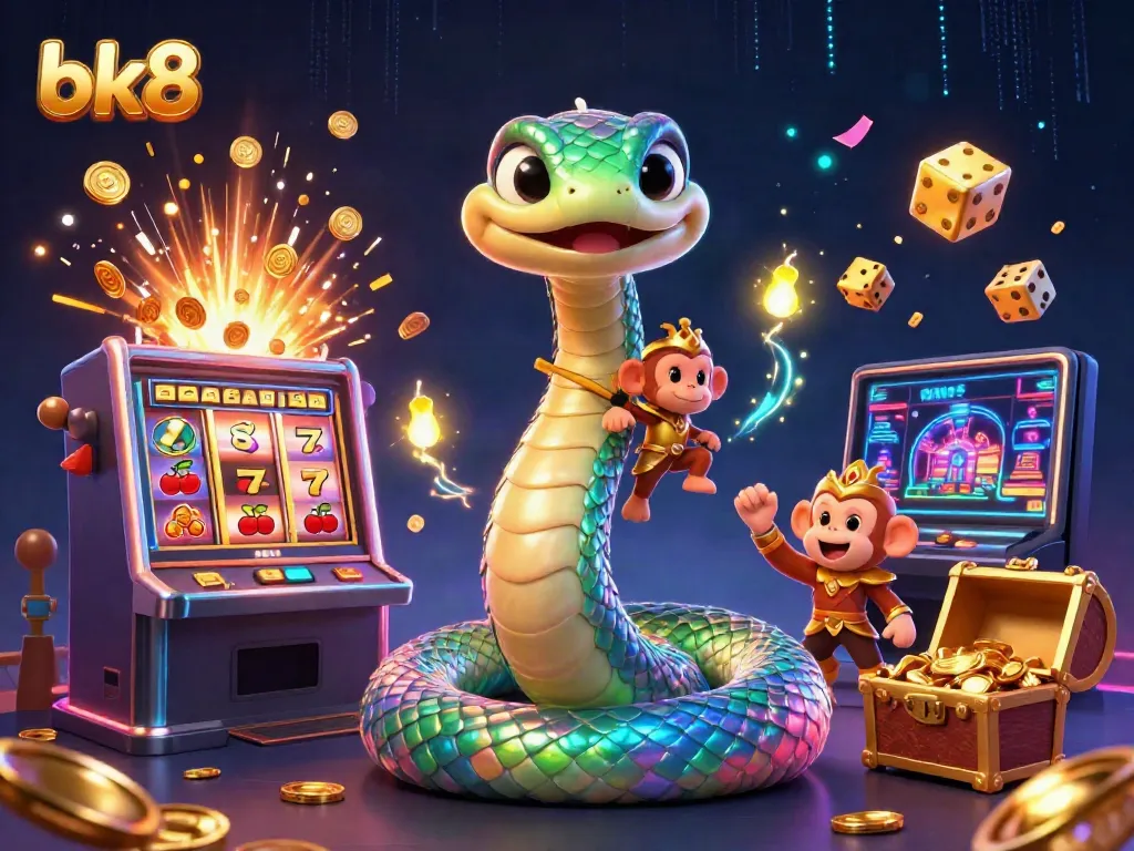 Experience the excitement of BK8 with a vibrant, intricate 3D illustration showcasing a rainbow serpent, playful monkey king, and dynamic casino elements.