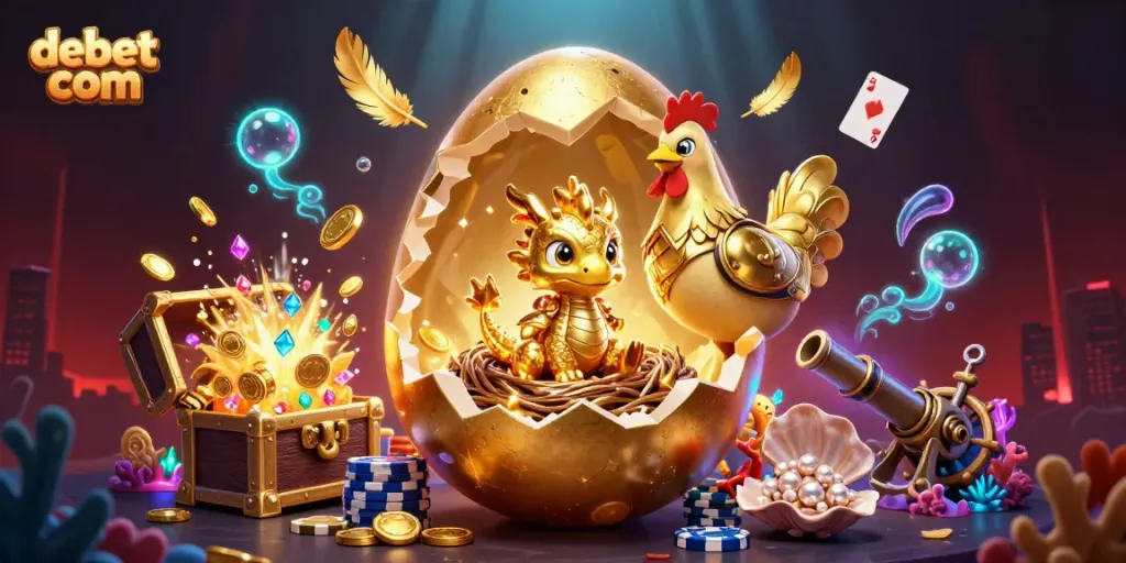 Experience thrilling action at debet com, featuring golden poker chips and a crystallized gold dragon.