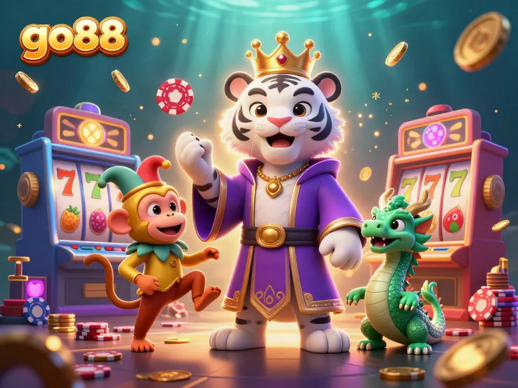 Experience the excitement at go88 with a vibrant scene of a regal tiger, playful monkey, and dynamic casino elements.