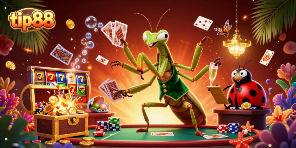 Experience the excitement of tip88 with a vibrant 3D casino scene featuring attractive game elements and character interactions.