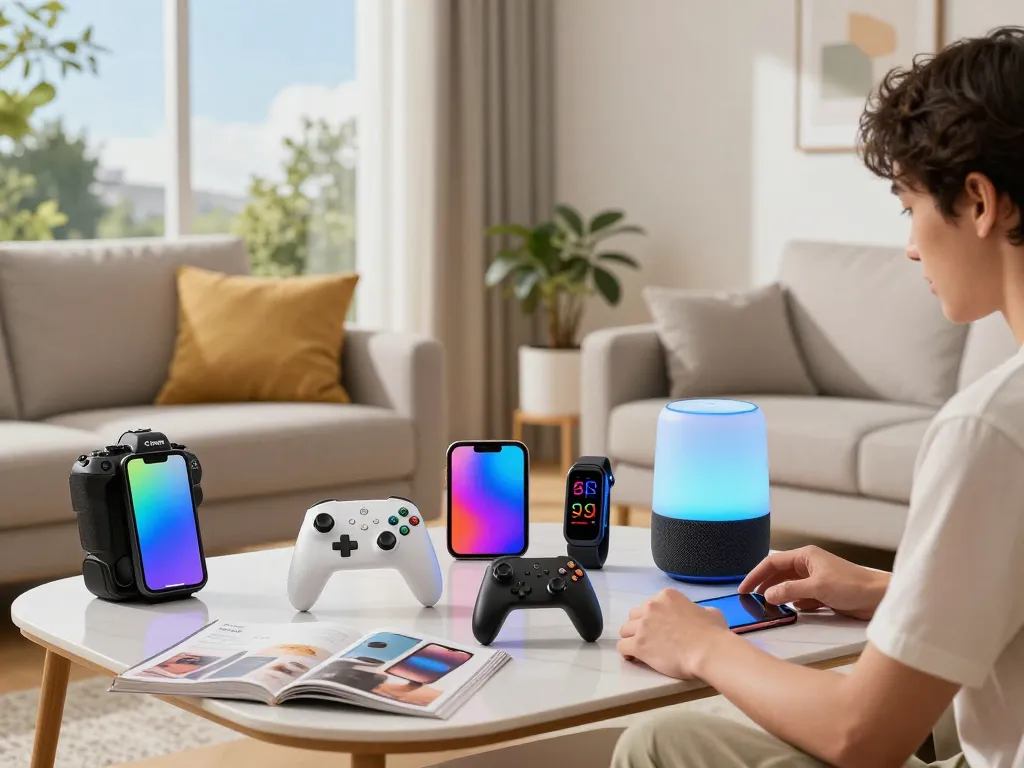 Engaging scene featuring top 10 tech gadgets 2040 in a cozy living room with Bluetooth devices.