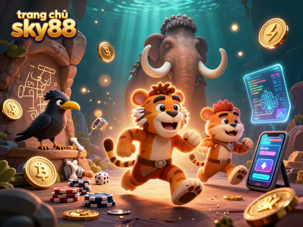 Engage with the fun of trang chủ sky88 as cartoon characters enjoy a prehistoric casino adventure.