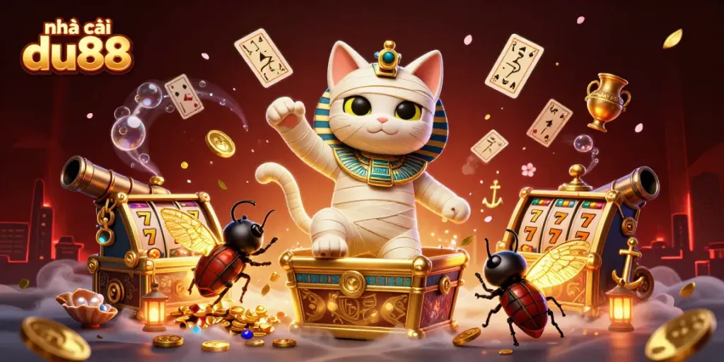 Engage in thrilling games at nhà cái du88 with vibrant Egyptian-themed casino scene featuring a mummy cat.