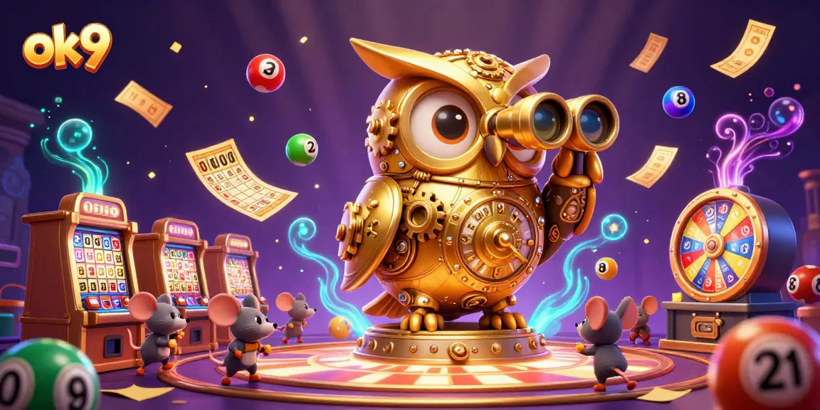 Experience gaming excitement at ok9 as the clockwork owl oversees vibrant casino activities.