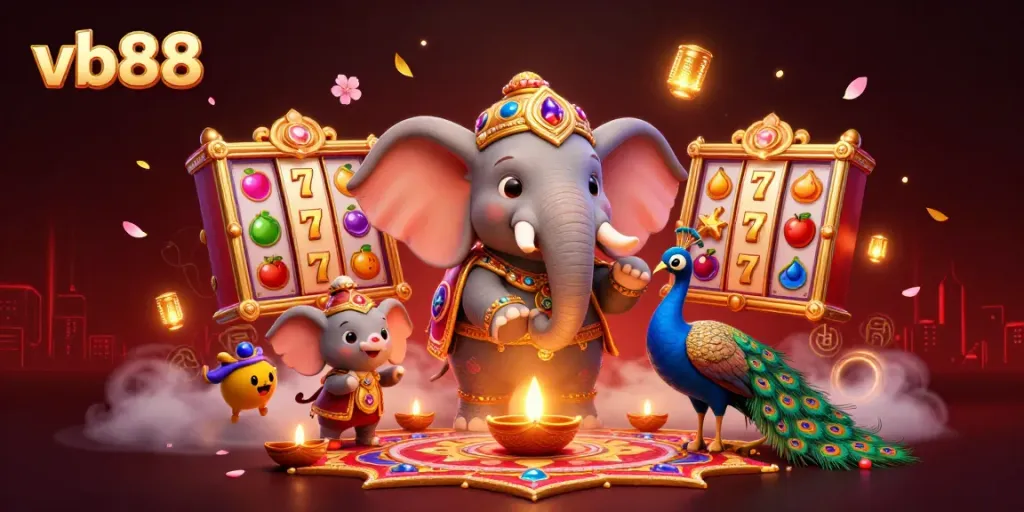 Experience the excitement of vb88 casino with vibrant slot reels and festive elements.