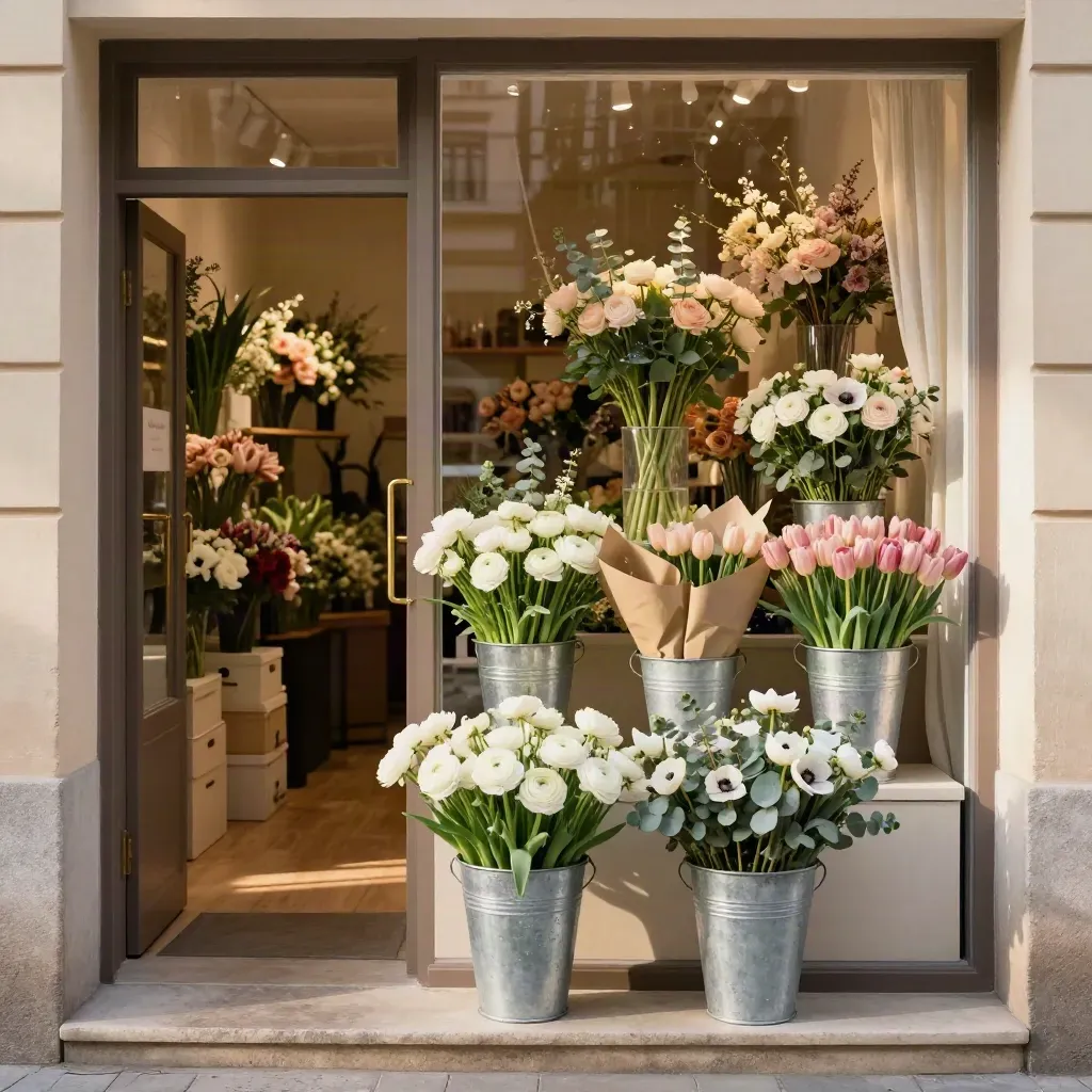 Květinářství Flora v Brně s plnými kbelíky květin, kyticemi a krémovými krabicemi.