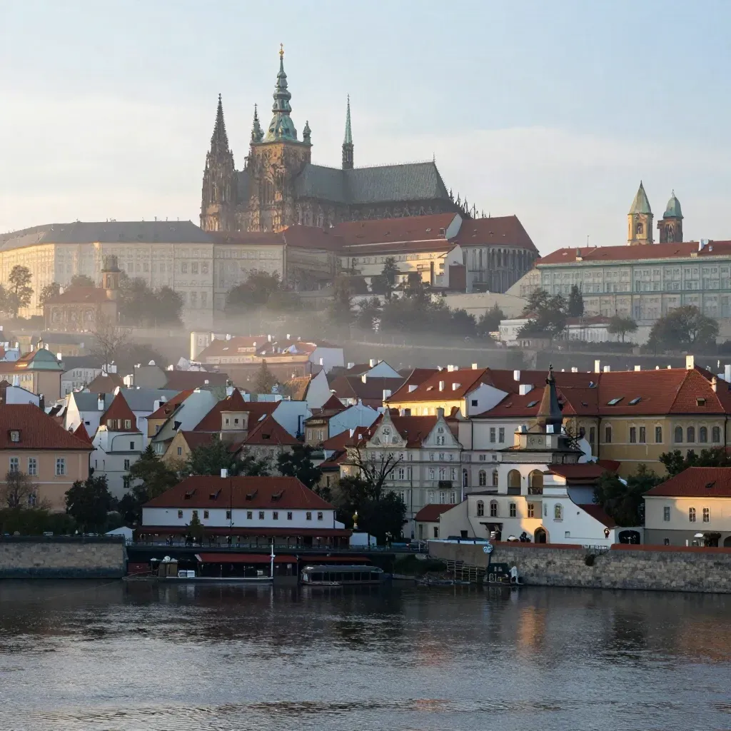 Pohled na Pražský hrad nad ranní mlhou nad Vltavou a střechami Prahy.