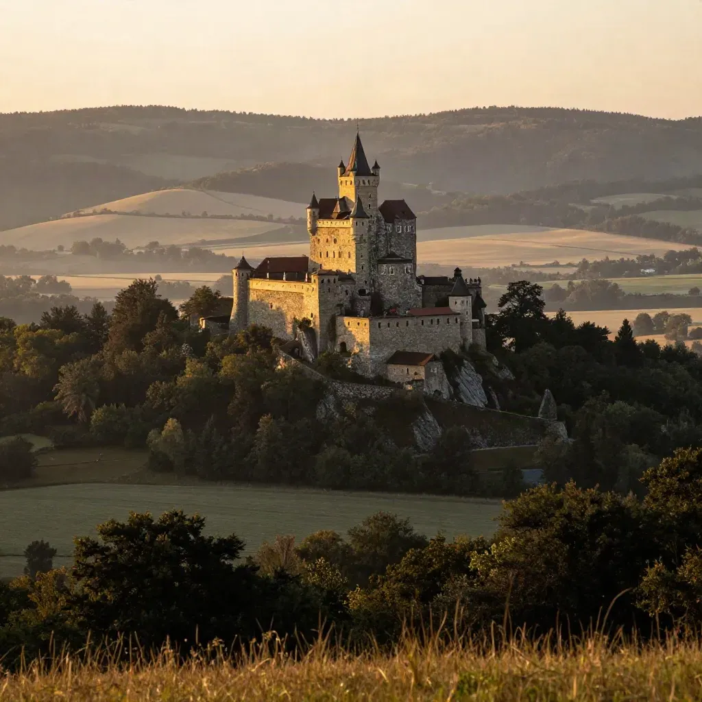 Karlštejnský hrad na skalnatém hřebeni nad zamlženým údolím v zlaté hodině.