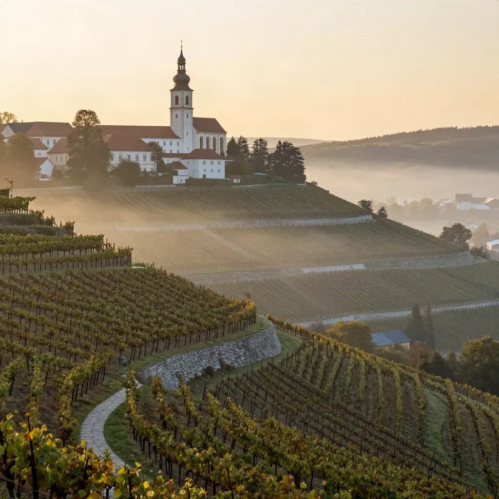 Mikulov nad vinicemi v ranní mlze, kostelní věž vysoko nad svahy.