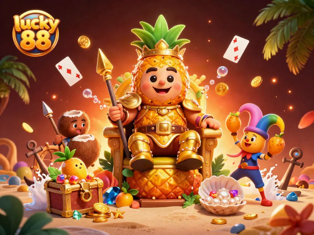 Experience thrilling gameplay at lucky 88 with golden treasures, explosive fun, and unique characters in a bustling casino scene.