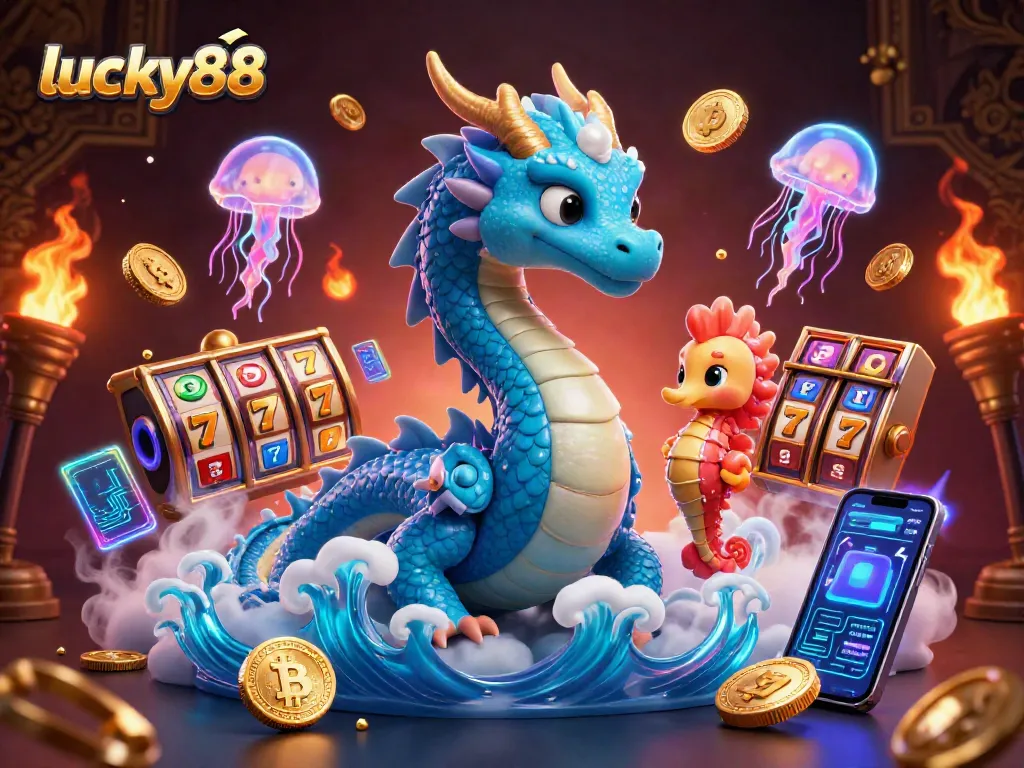 Spin the lucky88 slot reels with the azure dragon and seahorse knight in a vibrant scene.