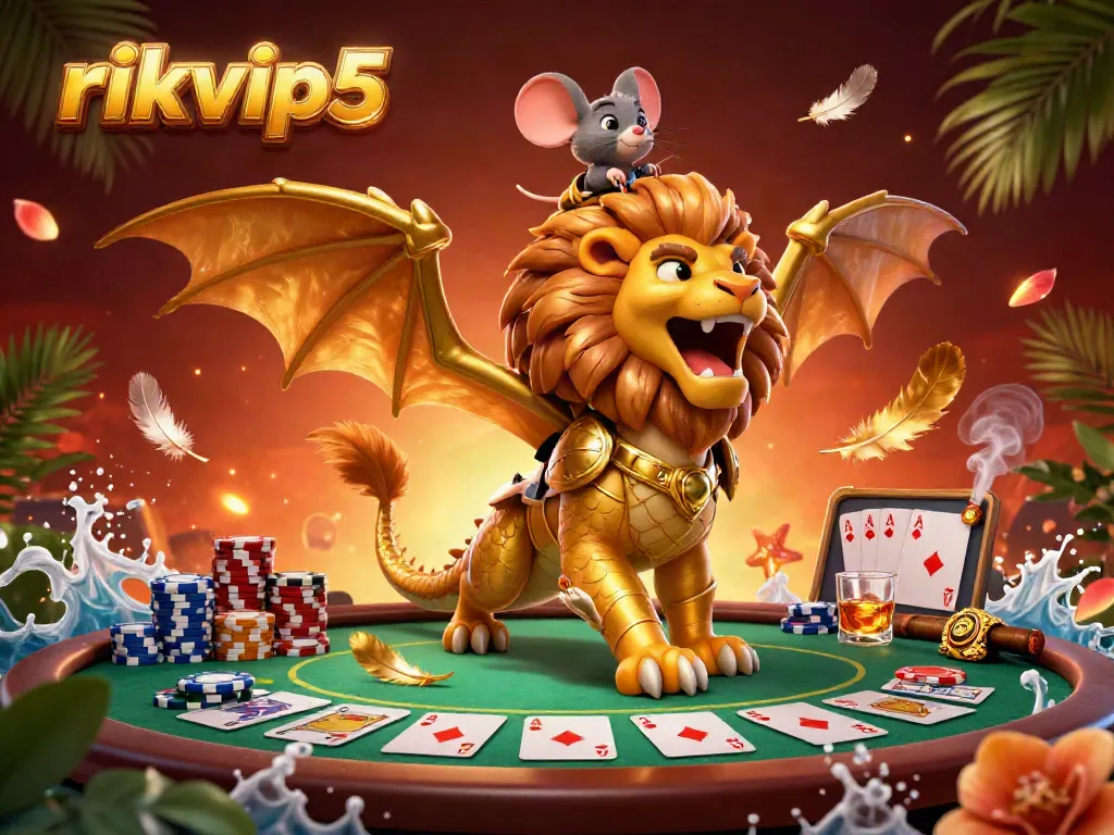Experience thrilling gameplay with rikvip5 in this vibrant 3D casino scene featuring a unique chimera and poker elements.