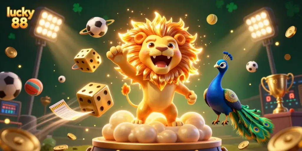 Experience the excitement of lucky 88 with vibrant sports-themed casino elements in a 3D illustration.