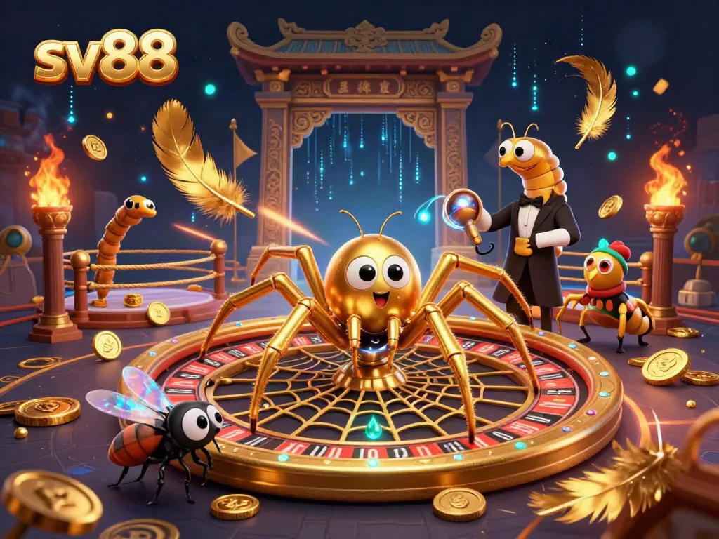 An engaging illustration of sv88 featuring a golden spider spinning a roulette wheel web, surrounded by gambling elements.