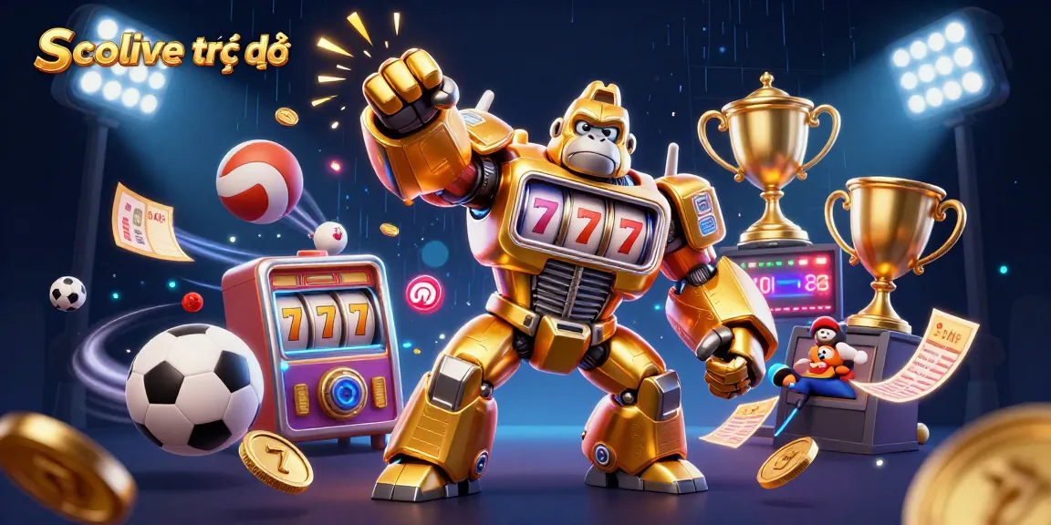 Socolive trực tiếp showcases an exciting 3D casino scene with a golden gorilla mech and dynamic sports elements.