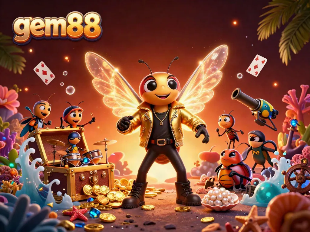 Play exciting games on gem88, featuring vibrant 3D characters, sparkling treasures, and casino elements.