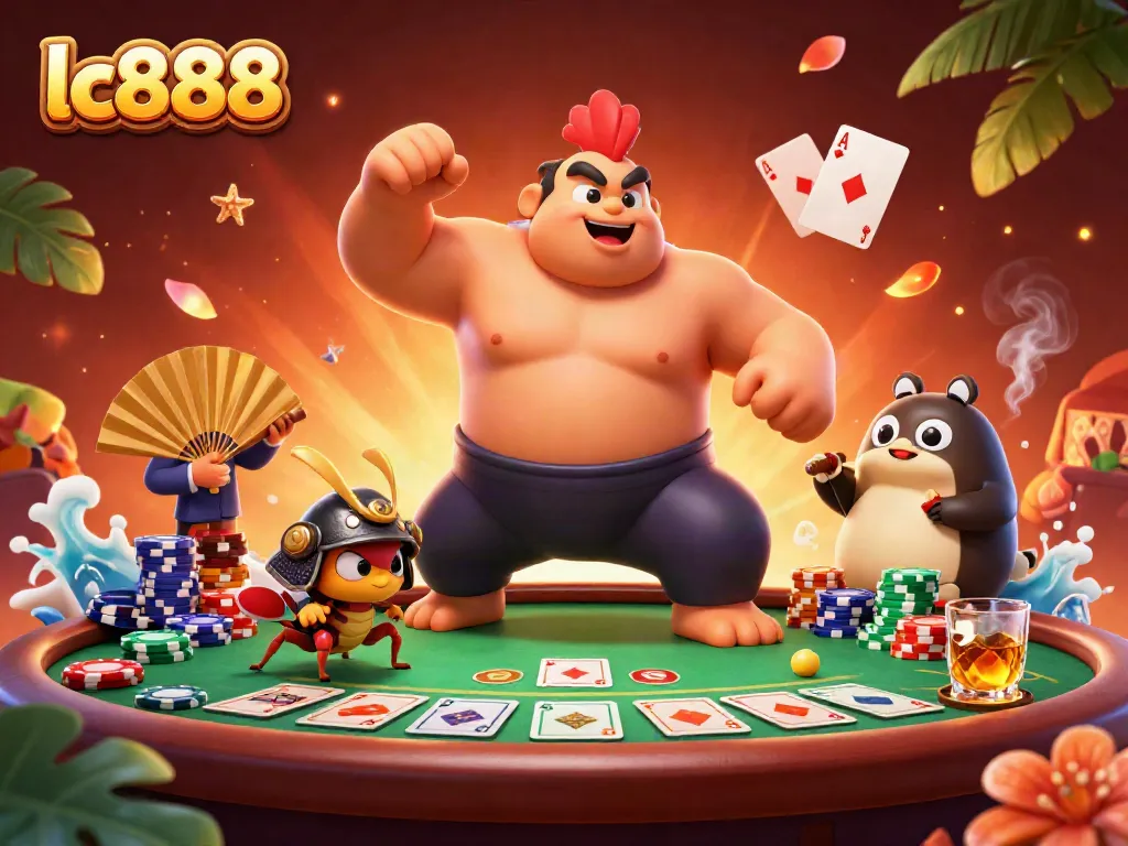 Engage in high-energy poker with lc888's dynamic scene showcasing characters and game elements.
