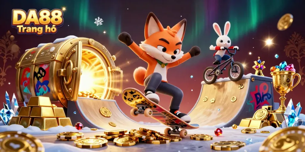 Experience the thrill of DA88 Trang chủ with a vibrant 3D casino illustration showcasing dynamic characters and rich gaming elements.