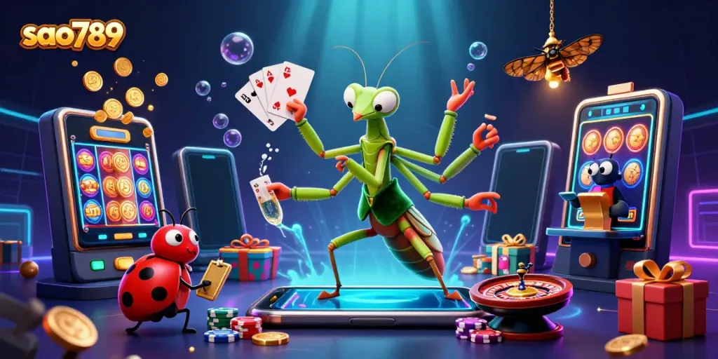 Sao789 card sharp and pit boss in a dynamic casino setting, featuring vibrant gameplay elements