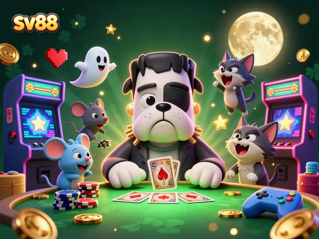 Experience thrilling card games with sv88 in a vibrant 3D casino scene, showcasing unique characters and colorful elements.