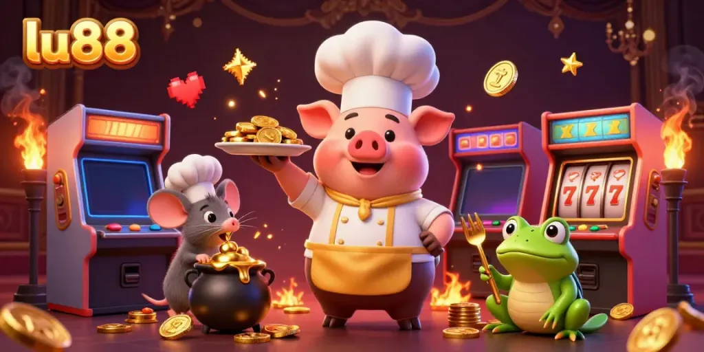 Engage with lu88's vibrant casino scene featuring 3D cartoon characters and gold treasures.