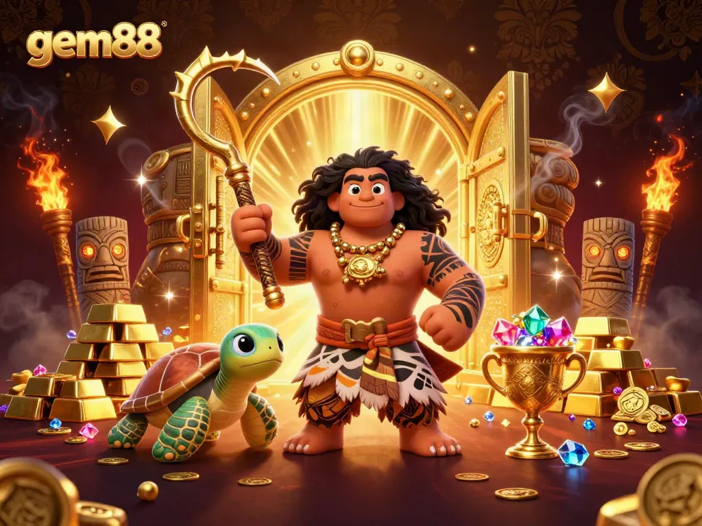 Engage with gem88's vibrant casino world through an illustrated scene filled with treasures and characters.