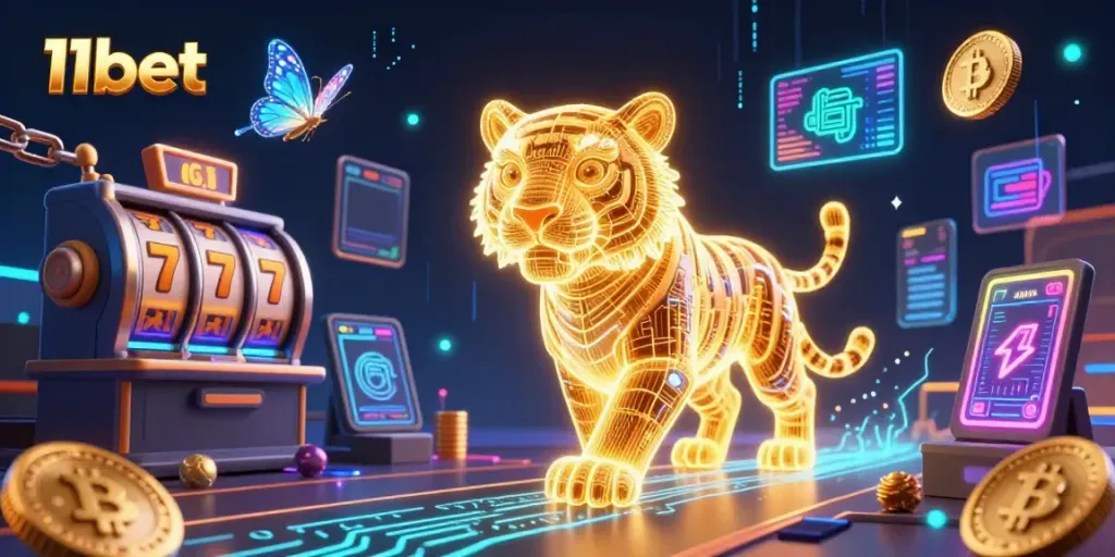 Experience the thrill of 11bet with a vibrant casino scene featuring a golden tiger and crypto elements.