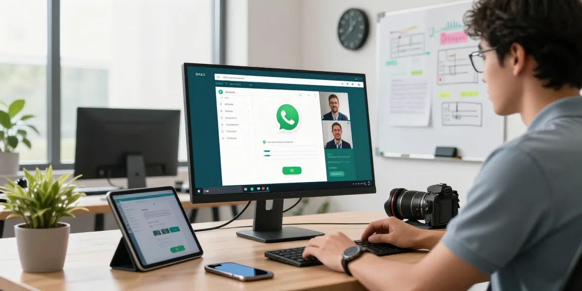 Professional using WhatsApp網頁版 on modern desktop setup with video calls and project notes in the background.