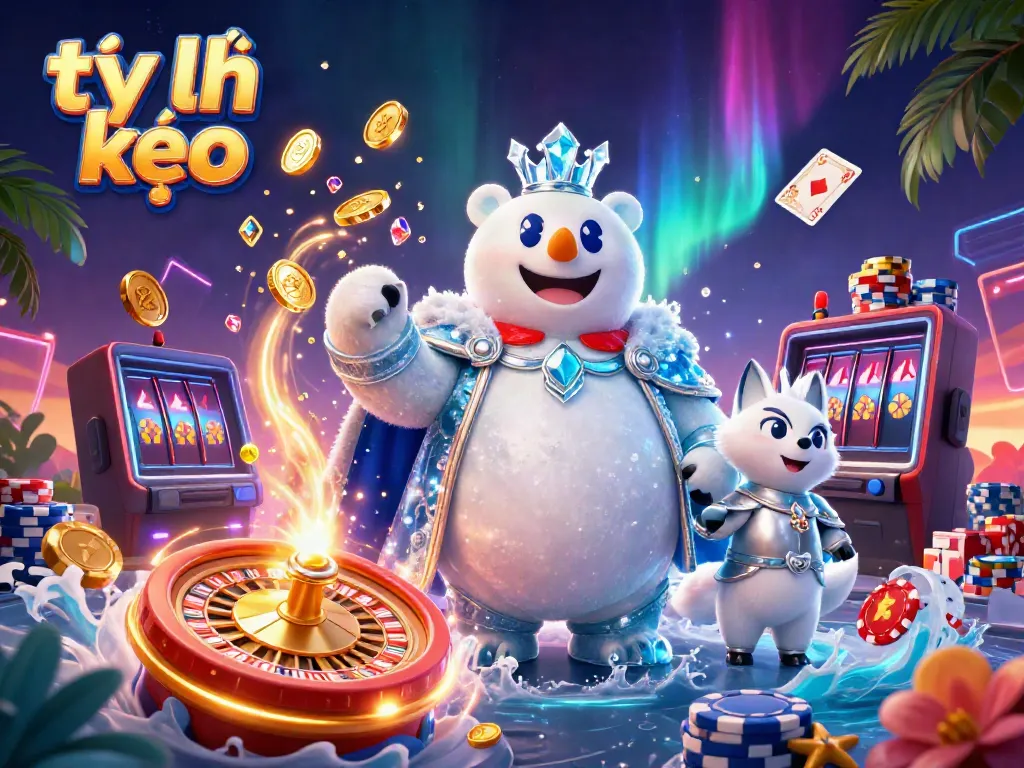 Win big with tỷ lệ kèo in this vibrant illustration featuring a polar bear and snow fox amid exciting casino elements.