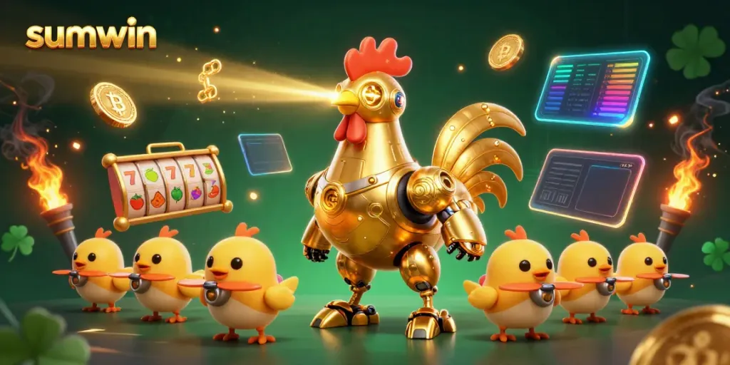 Experience thrilling gaming with sumwin's dynamic 3D casino illustration featuring vibrant slot elements.
