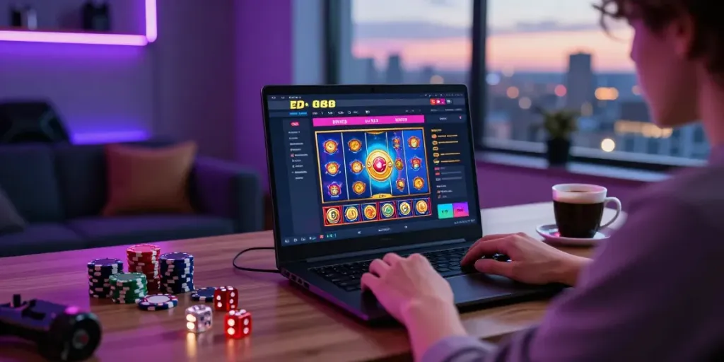 User enjoying the DA88 online gambling platform with vibrant slot games and gaming accessories in a cozy room.