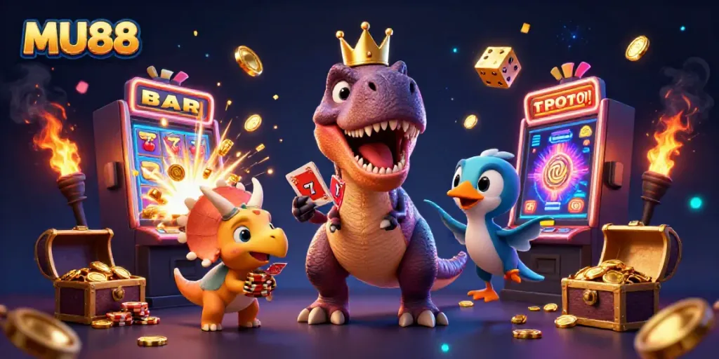 MU88 presents a vibrant scene featuring a friendly dinosaur card game with slot machine excitement.