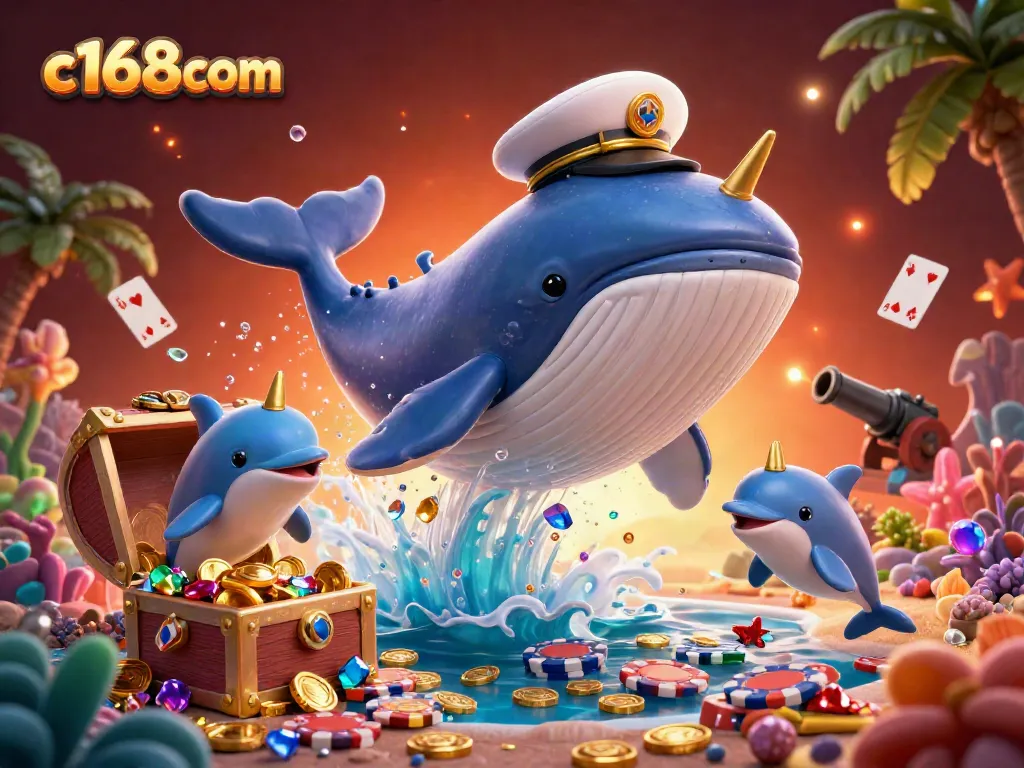 Engage with thrilling c168com casino action featuring playful dolphins and a majestic whale in a vibrant poker scene.