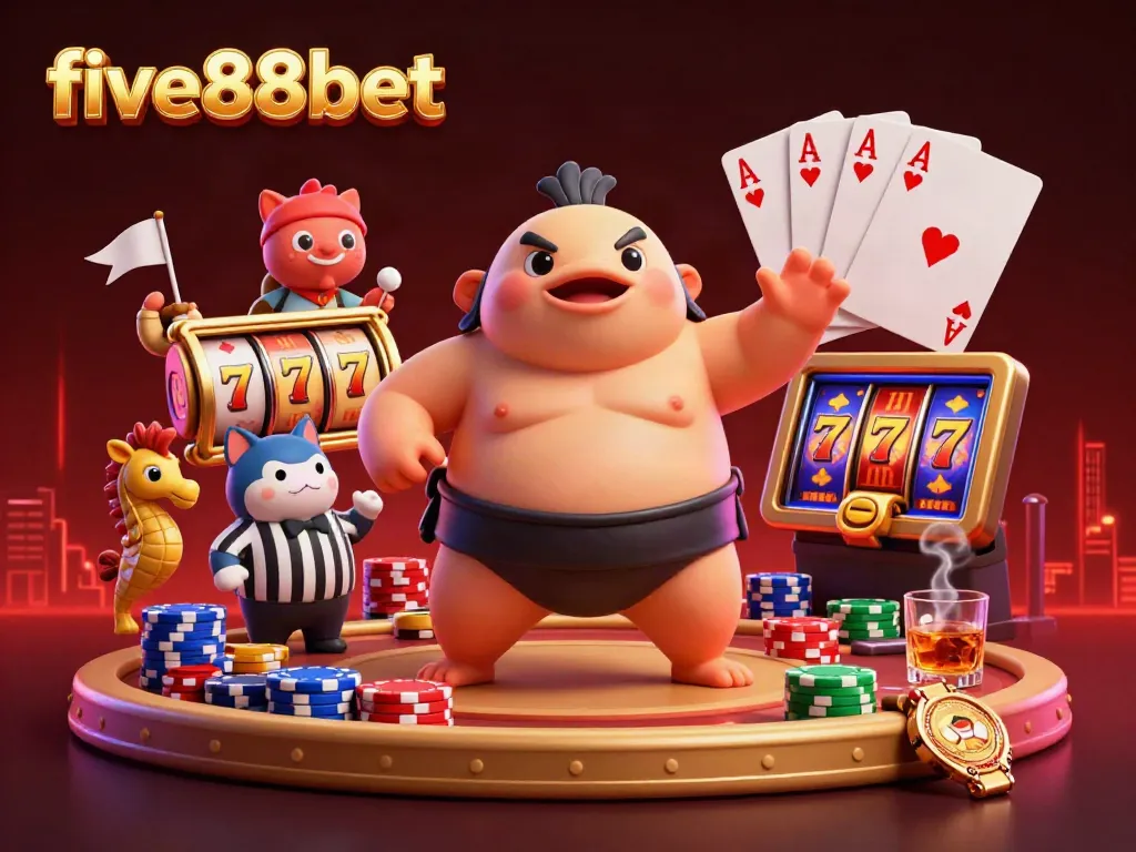 Experience exciting gameplay at five88bet with fugu wearing a sumo belt and colorful casino elements.