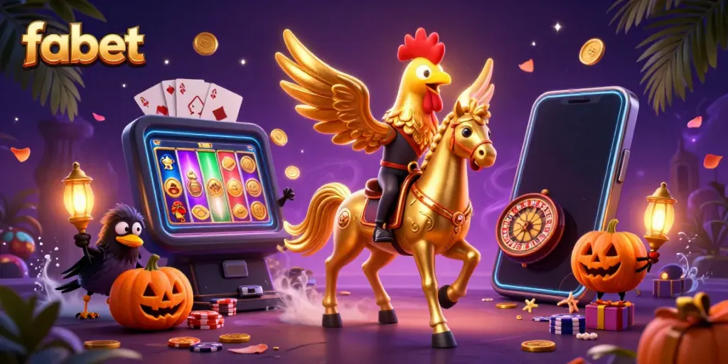 Experience the thrill of fabet with a golden rooster and spectral horse in a vibrant casino scene.