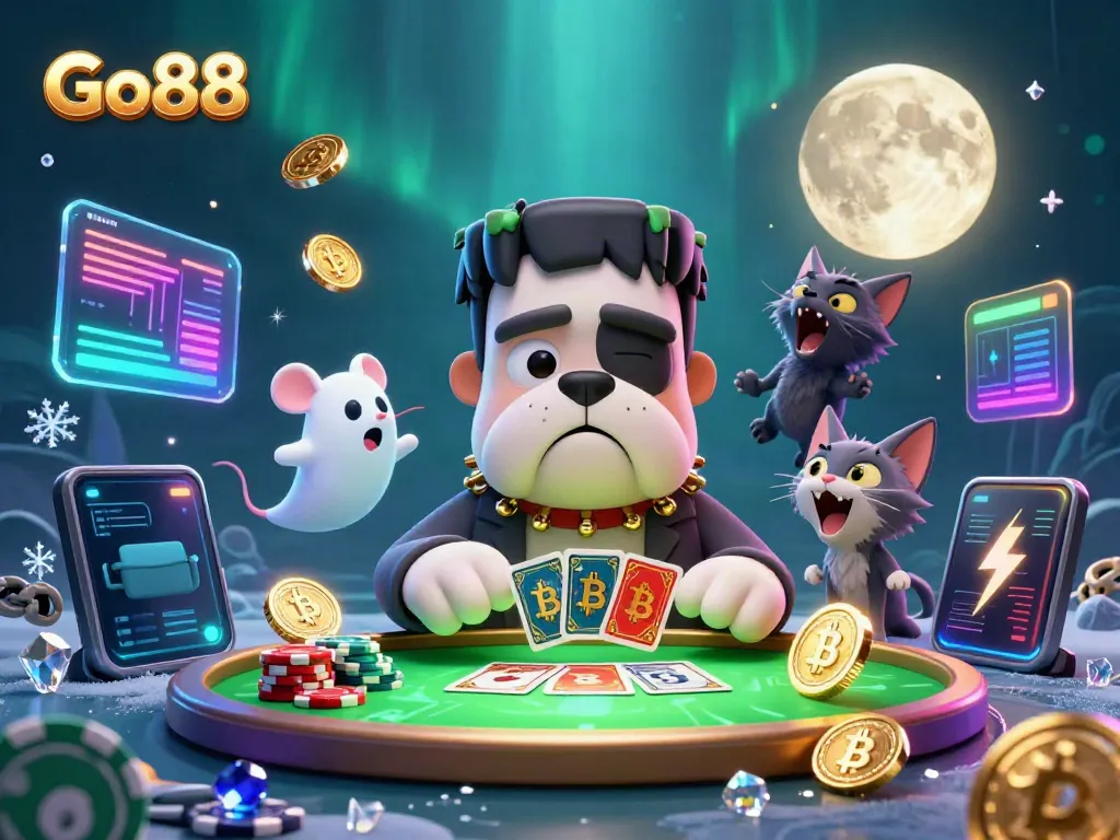 Experience thrilling gameplay at Go88 with a Frankenstein bulldog dealer amidst vibrant casino elements.
