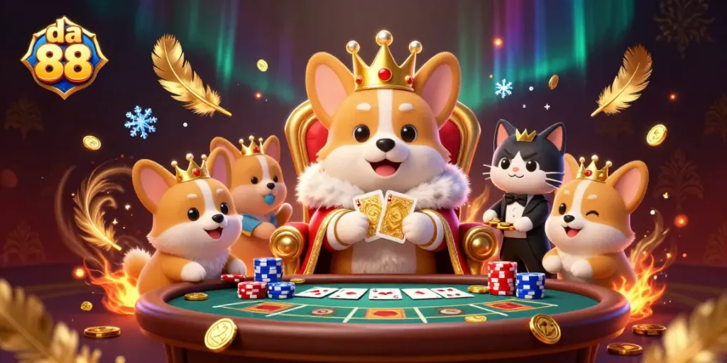 Experience thrill with da 88 as a royal corgi rules the poker throne in a vibrant casino setting.