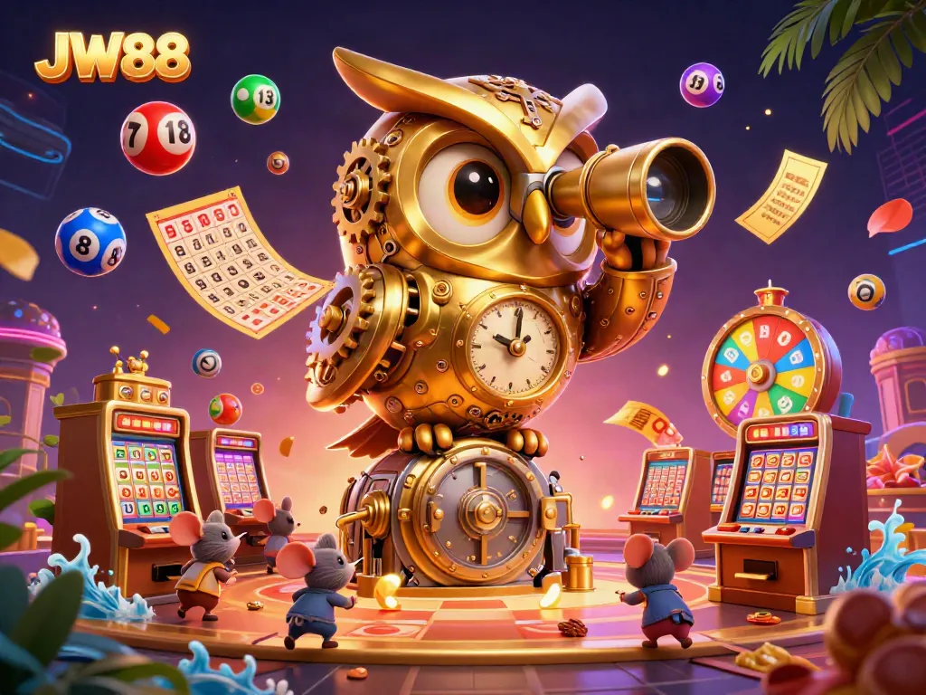 Experience JW88 with a lively casino scene featuring a golden owl and playful mice amidst engaging gaming elements