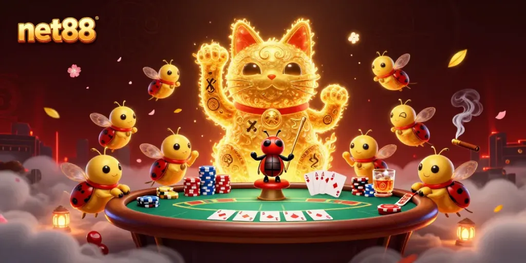 Experience net88's vibrant casino world through a giant lucky cat made of golden fireflies, surrounded by poker elements and illumination.