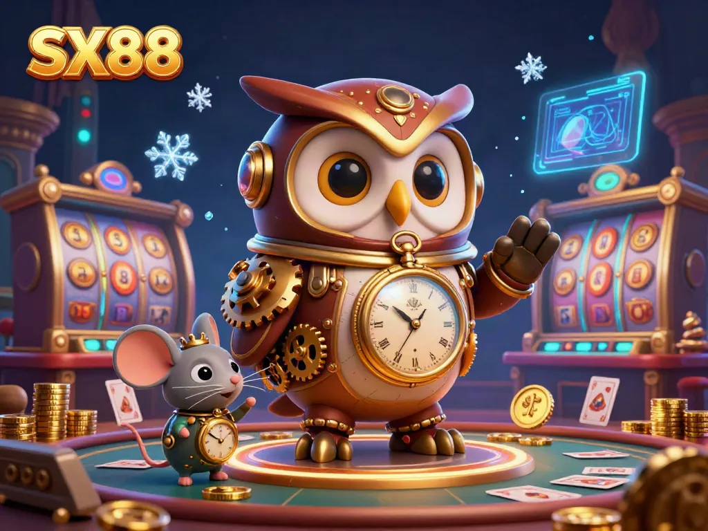 SX88 illustrates a time-traveling owl in a bustling steampunk casino with vibrant slot machines.
