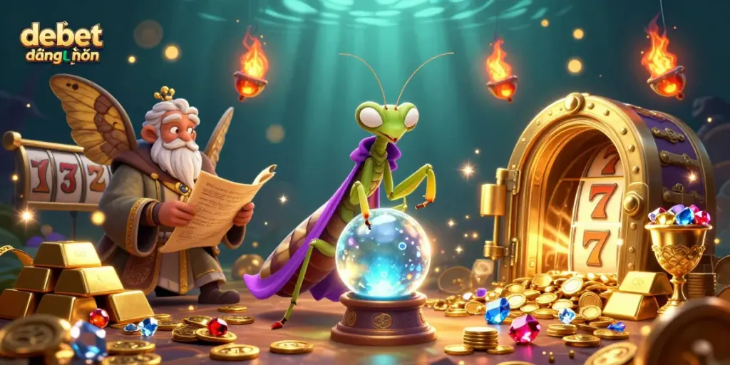 Experience debet đăng nhập with vibrant slot machines and mystical fortune tellers in a rich 3D scene.