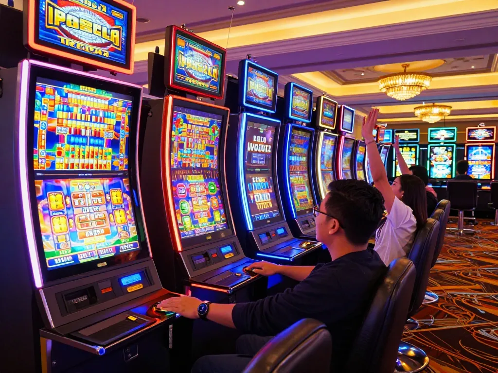 Players enjoying exciting slot pulsa games in a lively casino atmosphere with vibrant machines